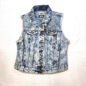 Thats IT Acid Wash Denim Vest Frayed Sleeveless Jean Jacket Blue‎ M
